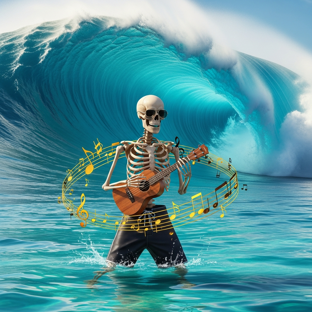 Skeleton Ukulele Player Epic Ocean Wave T-Shirt