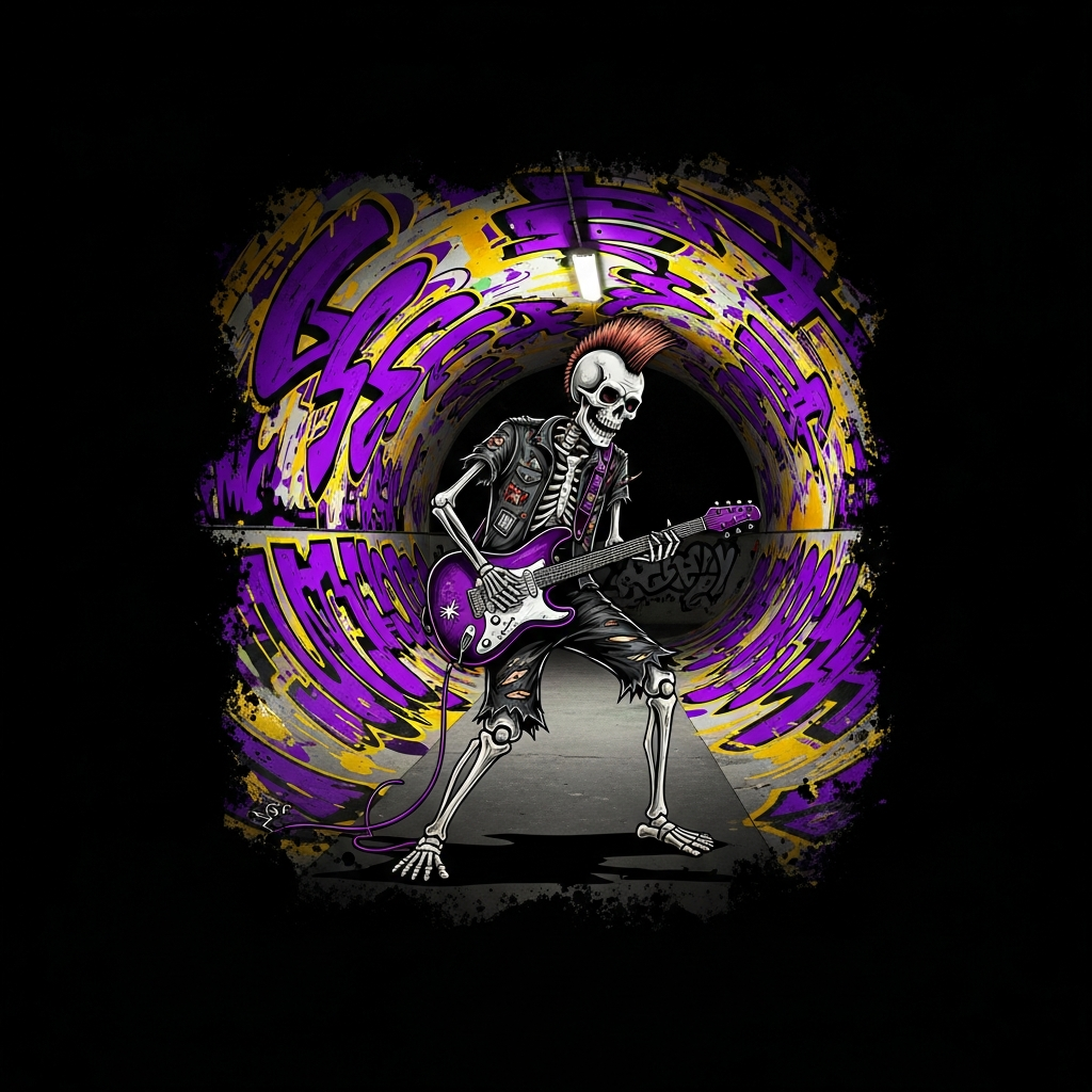 ICON Z Skeleton Guitarist Purple Portal Punk Rock Mohawk T-Shirt