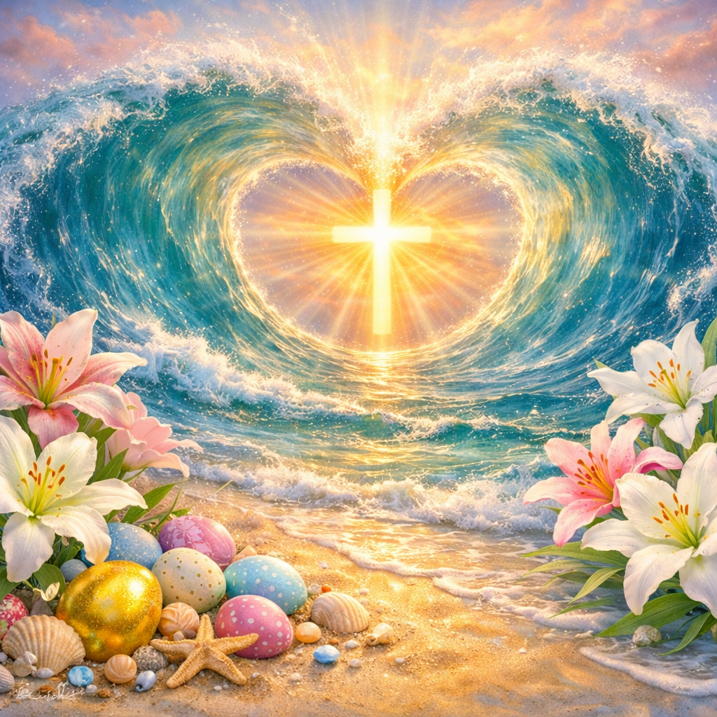 Ocean Heart Cross - Divine Easter Light Art Print