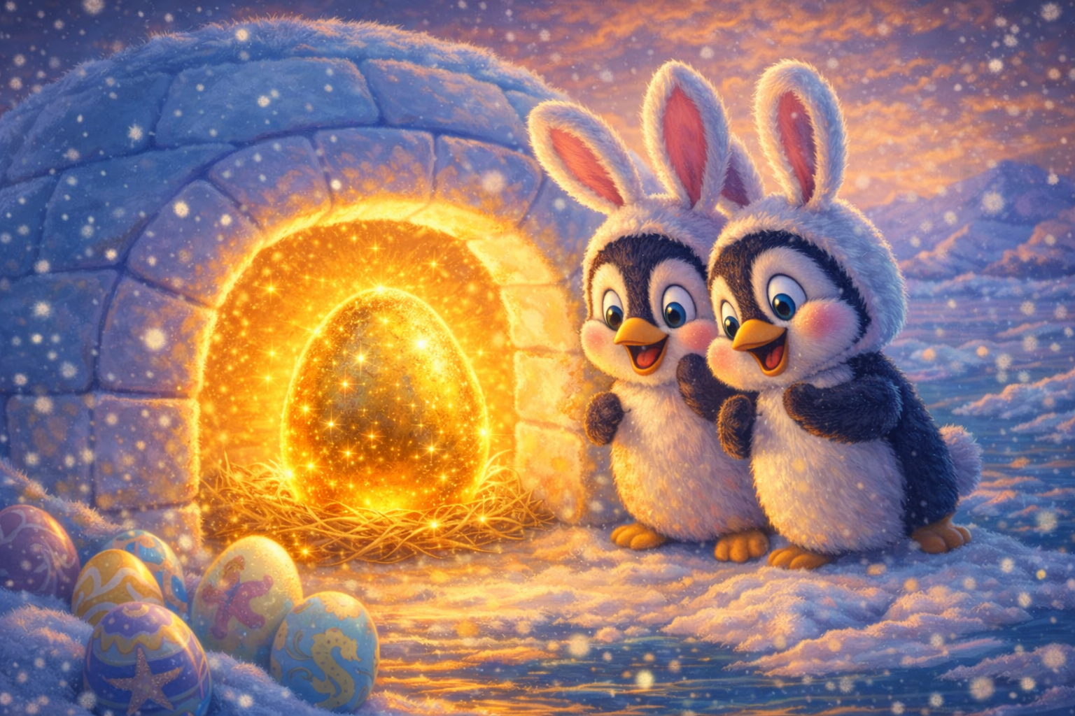 Penguins Find the Golden Egg - Arctic Easter Magic Art Print