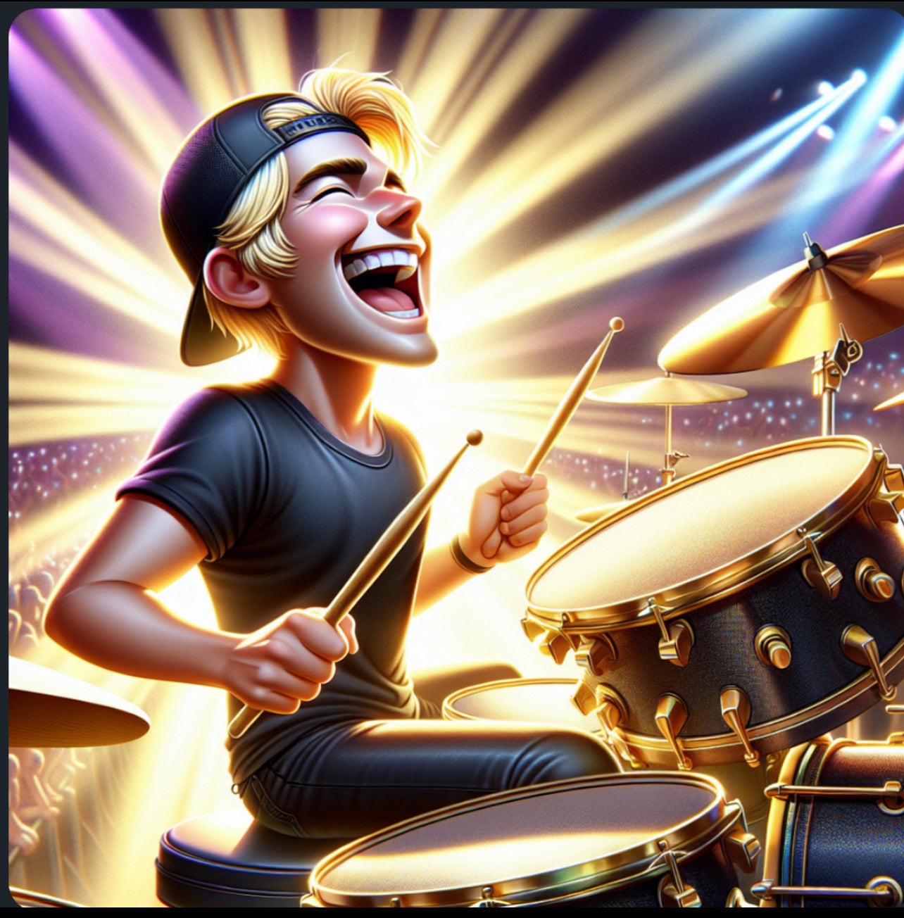 Animated MusicianZ Joyful Ecstatic Drummer Golden Purple Rays T-Shirt