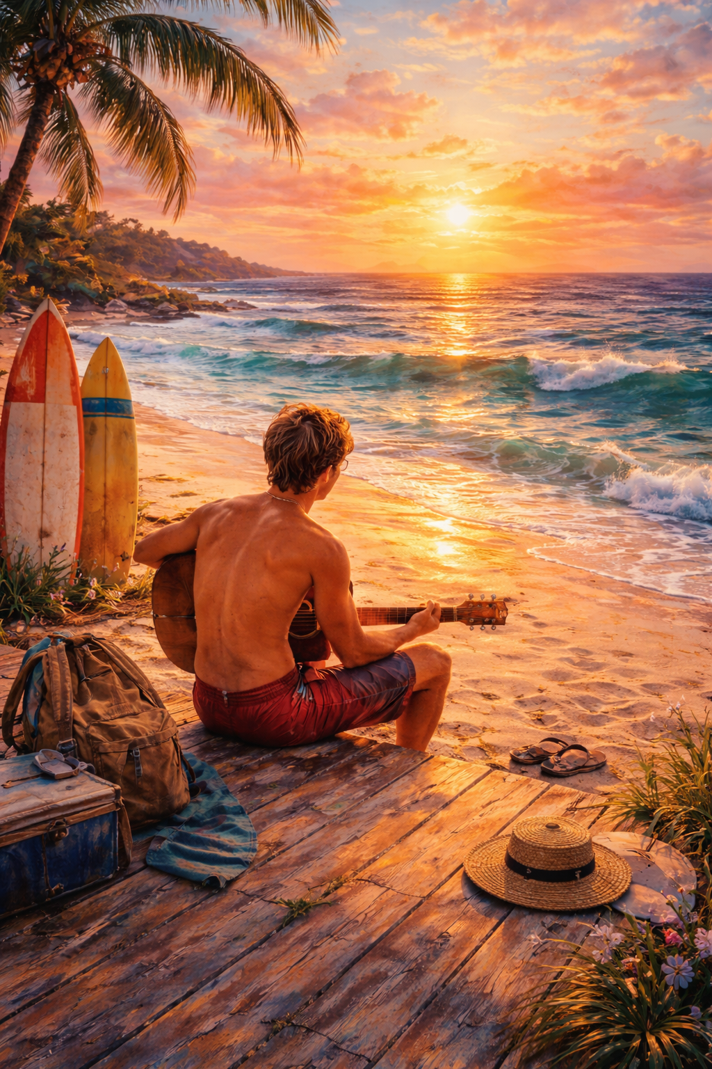 The Music Man - Surfer's Sunset Serenade Art Print