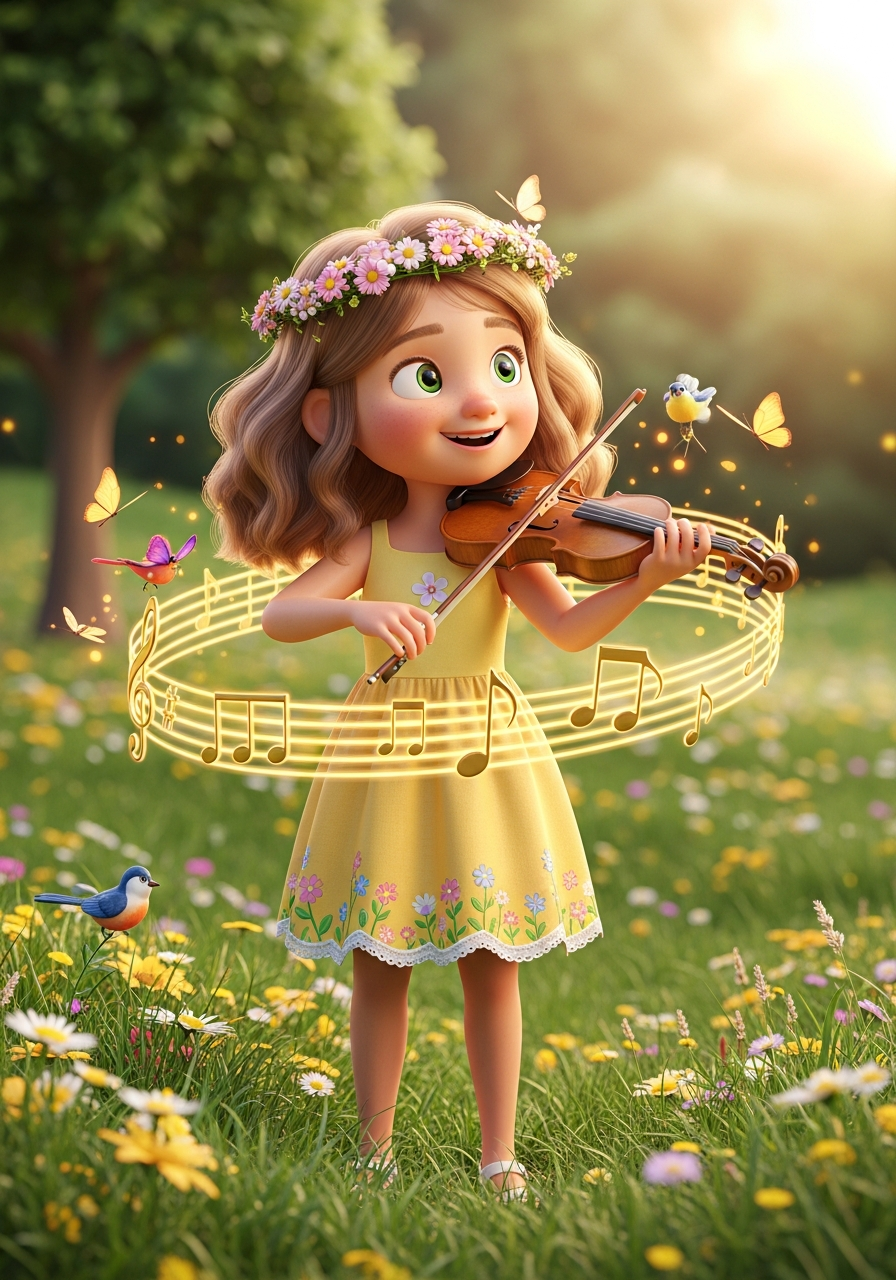Animated MusicianZ Meadow Violin Girl Yellow Dress Flower Crown T-Shirt