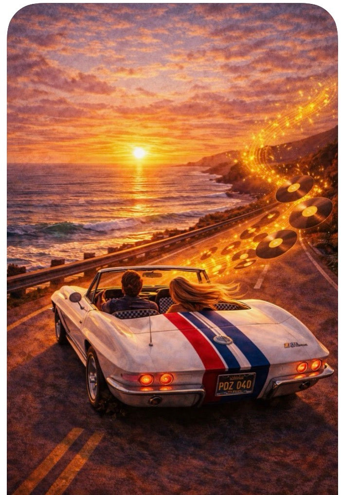 PCH Sunset Romance - Coastal Dreams in a Corvette Art Print