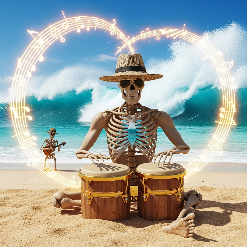 Skeleton Bongo Player Beach Vibes T-Shirt