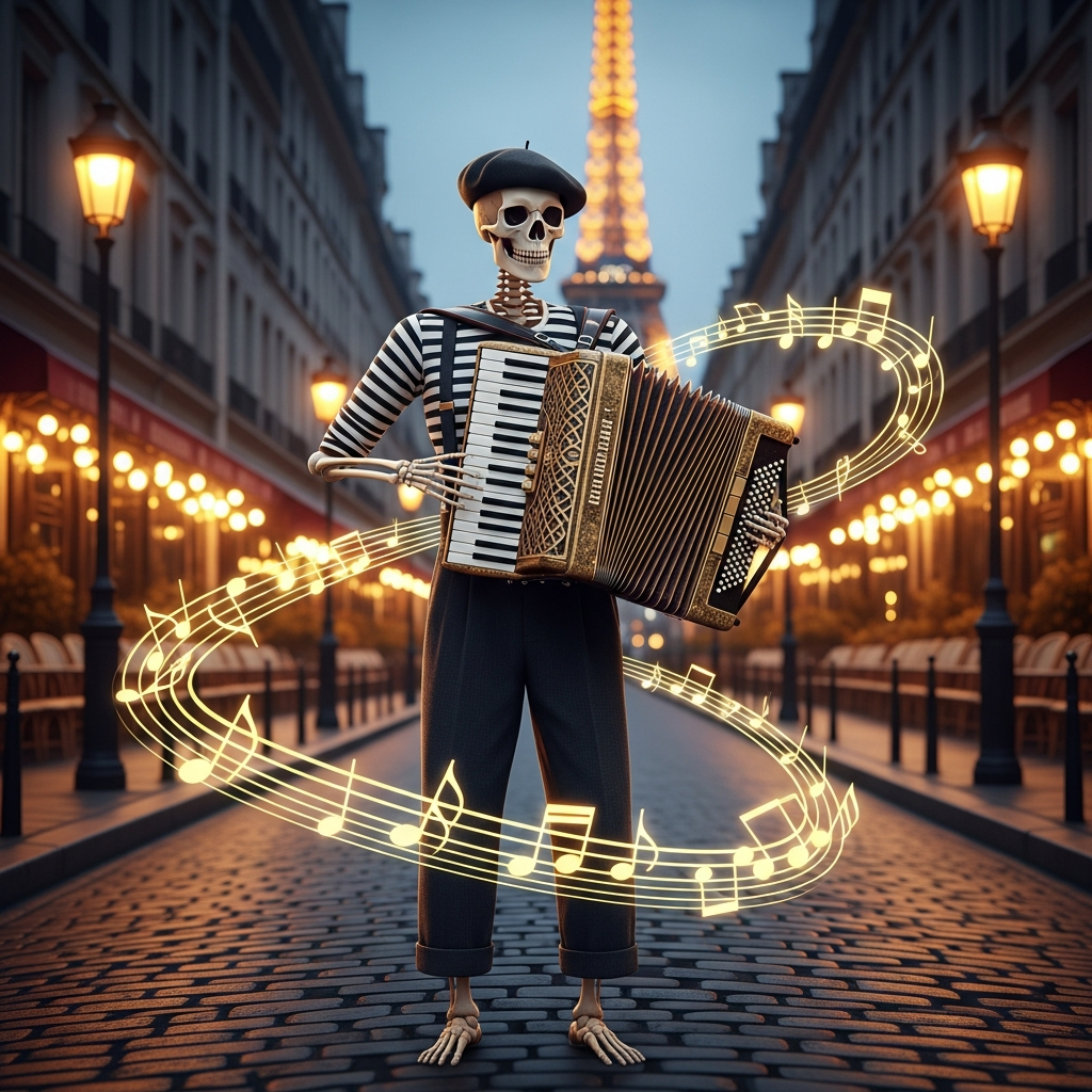Skeleton Accordion Player Paris Street T-Shirt
