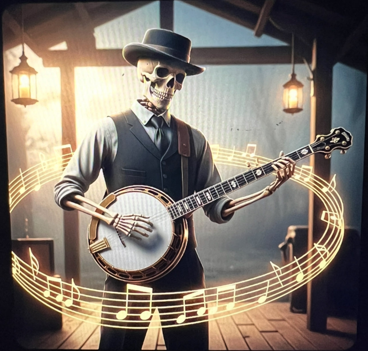 Encore Dapper Skeleton Banjo Player Vintage Barn T-Shirt