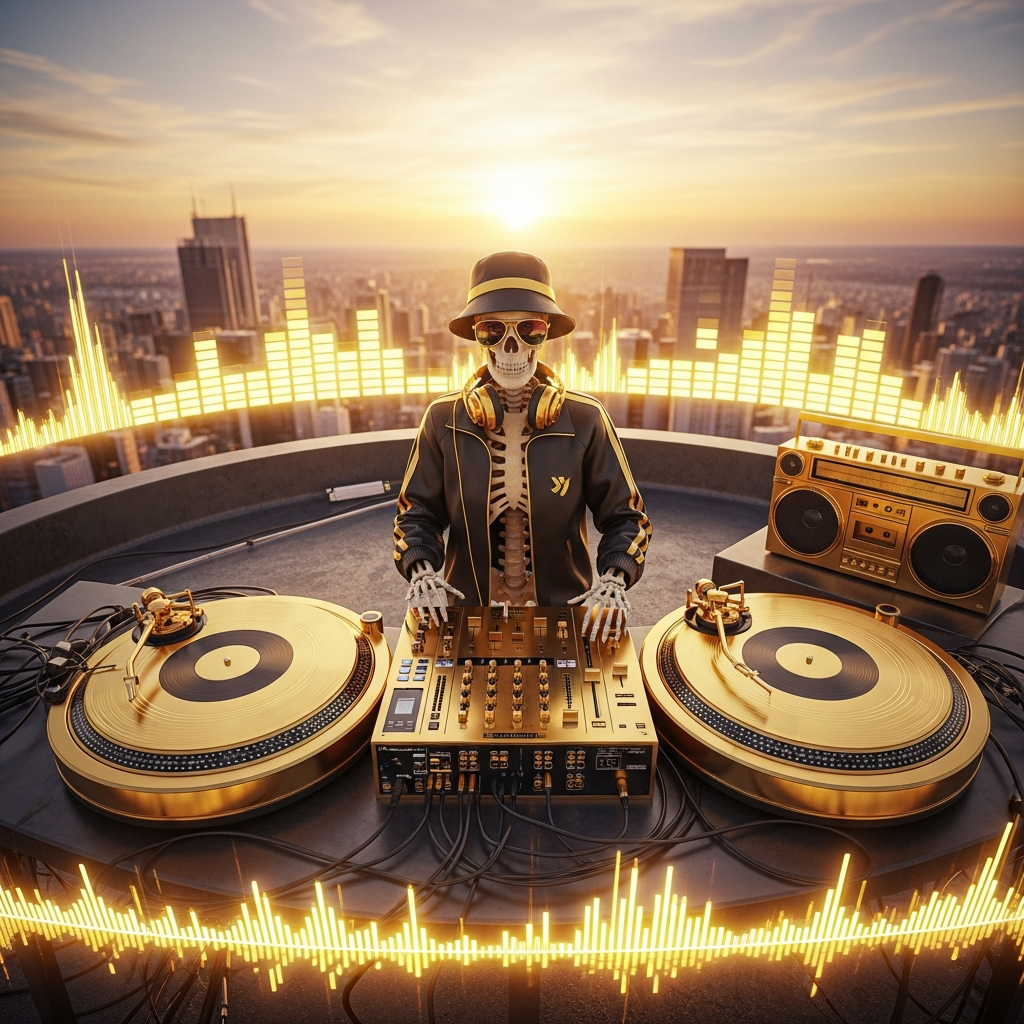 Skeleton DJ Rooftop Gold Turntables T-Shirt
