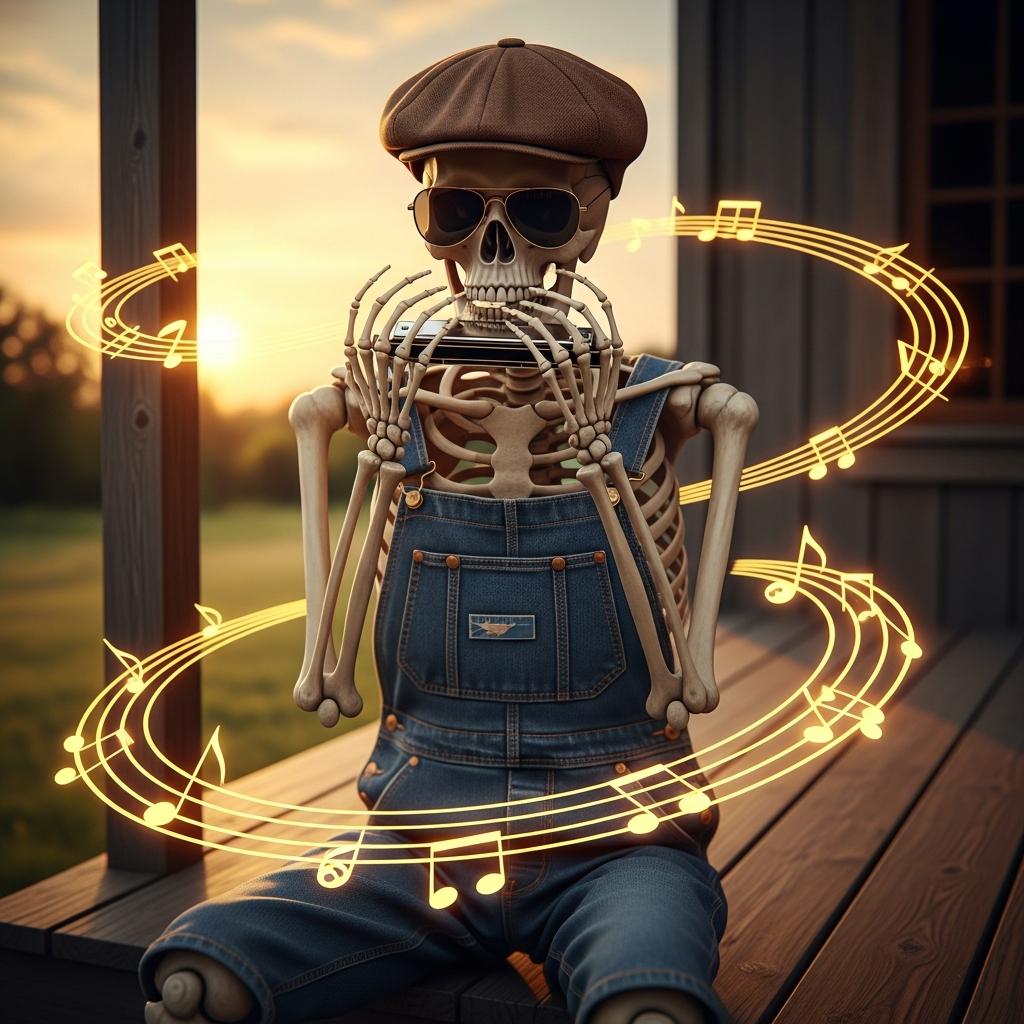 Skeleton Harmonica Player Porch Blues T-Shirt