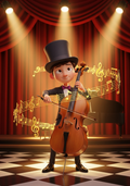Animated MusicianZ Cello Kid Top Hat Checkered Floor Concert T-Shirt