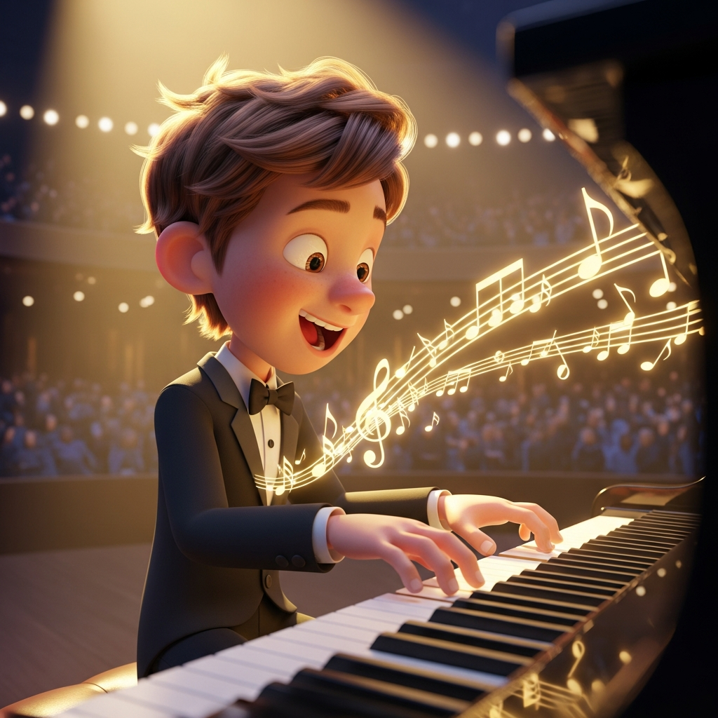 Animated MusicianZ Spectacular Kid Pianist Concert Hall Tuxedo T-Shirt