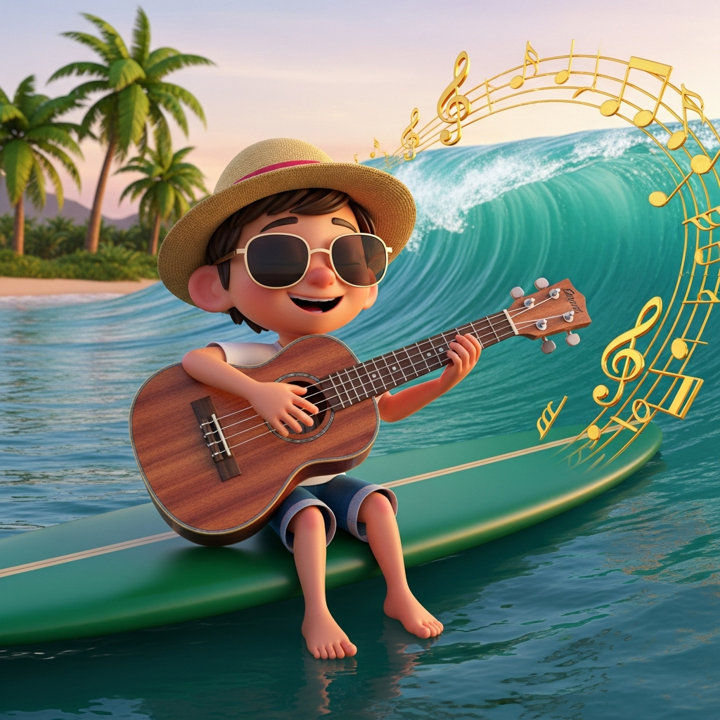 Animated MusicianZ Ukulele Kid Surfboard Ocean Wave Musical Swirl T-Shirt